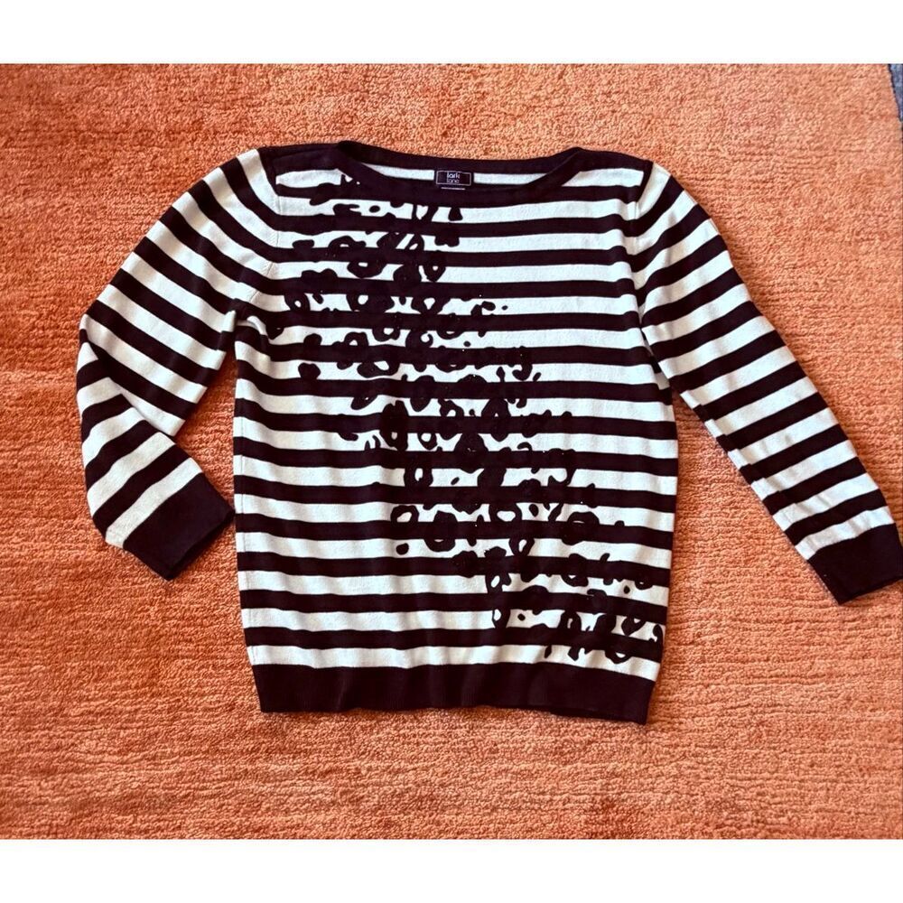 Lark Lane Striped Sweater Size L Black White Embellished Knit
